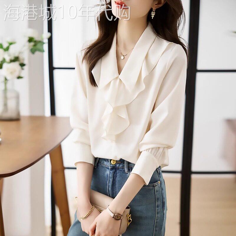 V领雪纺衬衫女春季2026新款职业通勤木耳边高级感气质长袖上衣女