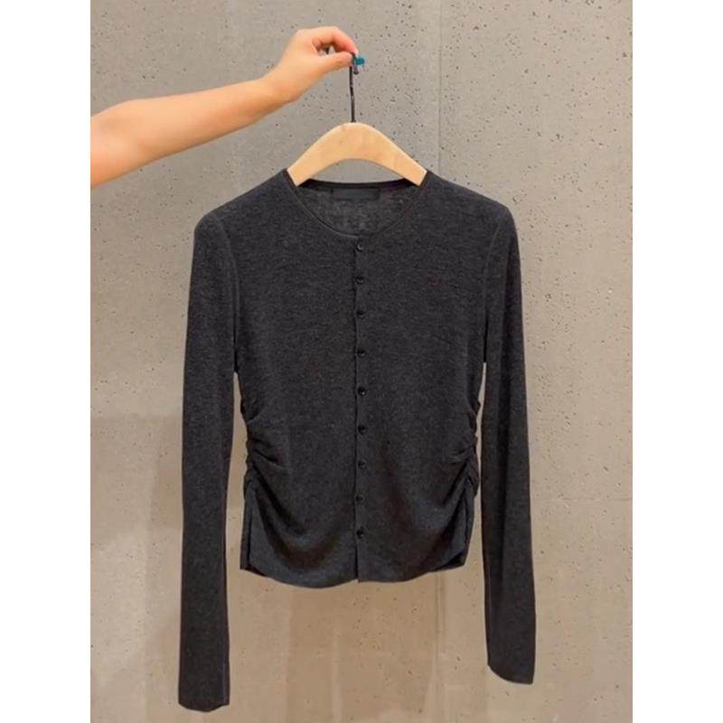 韩国设计感小众别致深灰色上衣女春秋高级感长袖打底针织开衫内搭