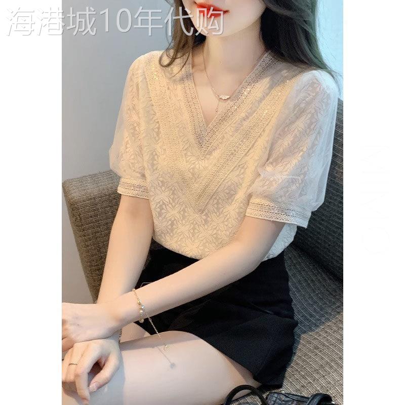 冰丝短袖t恤女夏季薄款2025新款V领半袖显瘦时尚洋气蕾丝别致上衣