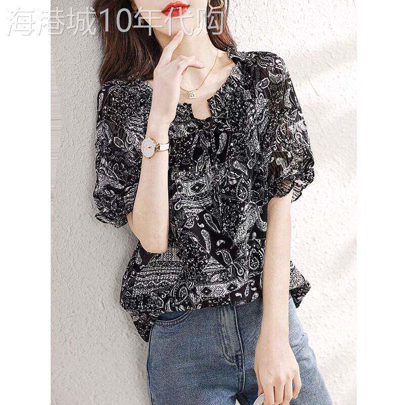 衬衫女2025新款夏季短袖宽松V领高级感轻奢减龄洋气印花雪纺上衣