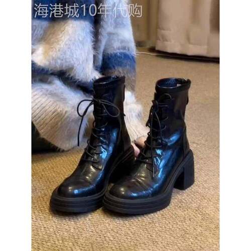 覆古厚底粗跟真皮马丁靴女秋季新款增高瘦瘦靴小个子高跟黑色短靴