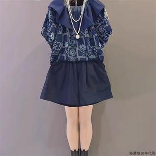 胖MM短裤 上衣休闲甜美印花小衫 大荷叶领套头衬衫 套装 大码 夏季 时尚