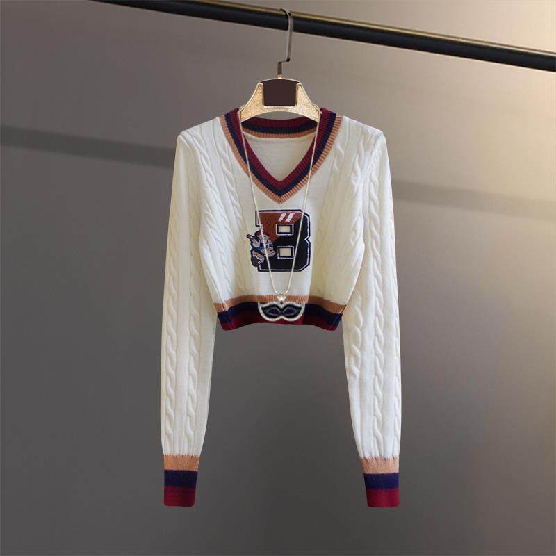 潮牌2025春秋冬季长袖拼色针织衫女显瘦短款高腰露脐上衣V领毛衣