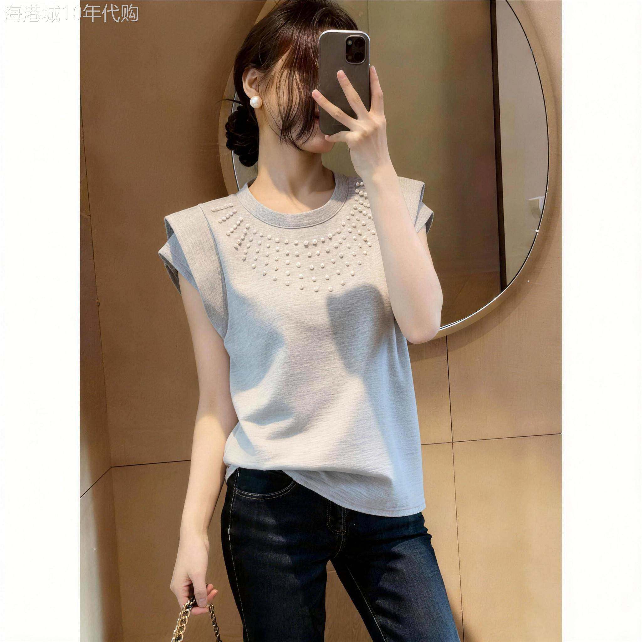 圆领重工钉珠飞飞袖上衣女夏季大码胖妹妹时尚设计感显瘦百搭T恤