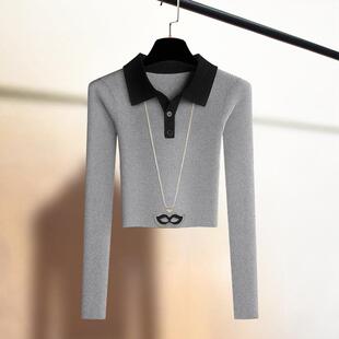 潮牌POLO领短款高腰打底针织衫女2025秋冬季内搭保暖显瘦上衣毛衣