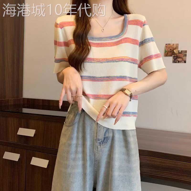方领正肩短袖粉色条纹针织衫夏季大码女装胖mm多巴胺减龄冰丝上衣