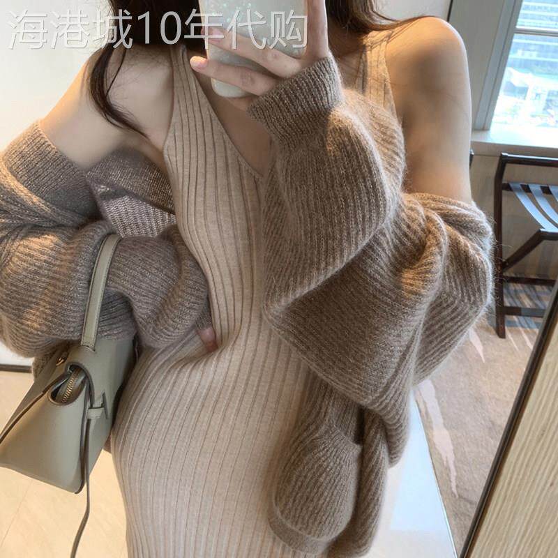 针织吊带连衣裙女春秋新款内搭毛衣背心裙中长款修身包臀打底裙子