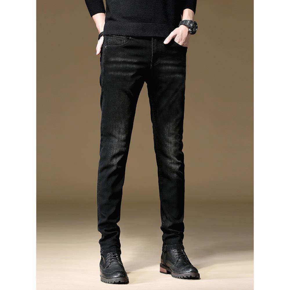 香港2025秋冬加绒黑色牛仔裤男士修身小脚裤高端百搭弹力休闲裤子