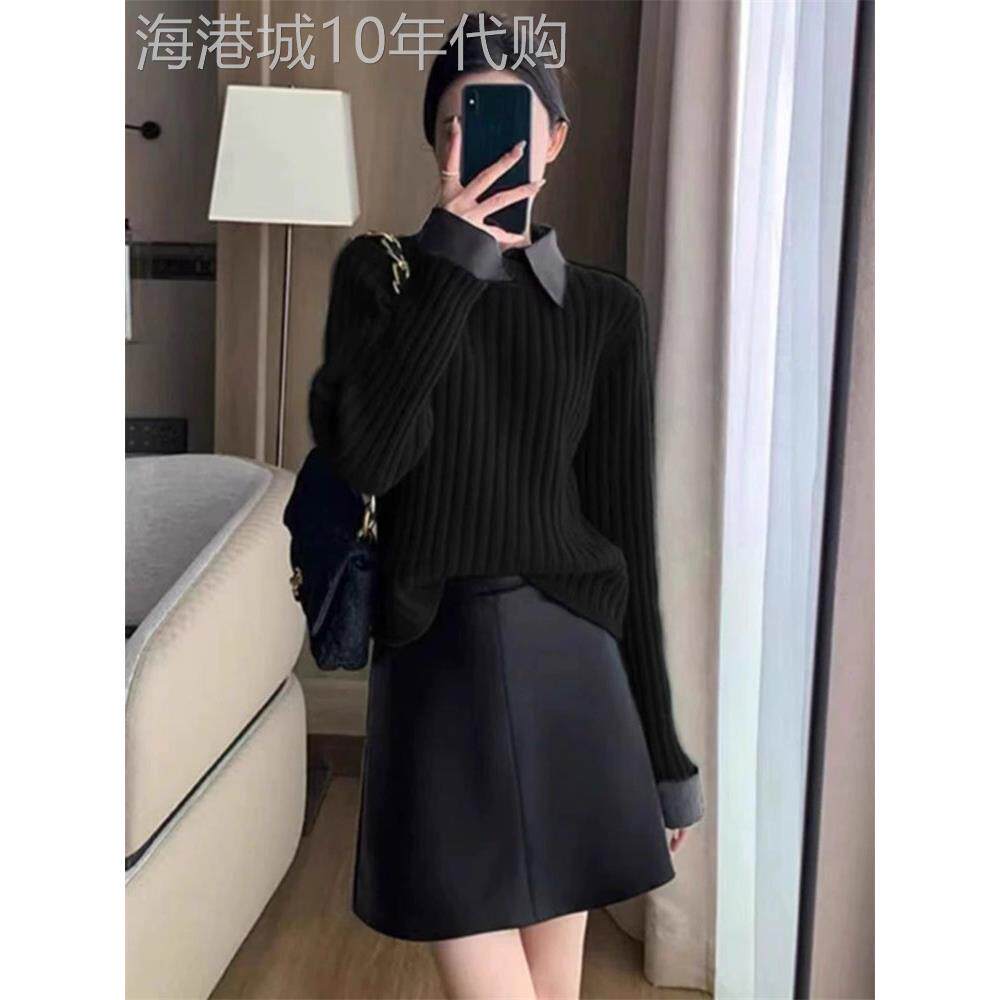黑色圆领针织衫女士2025夏季新款设计感拼接衬衫领假两件百搭上衣