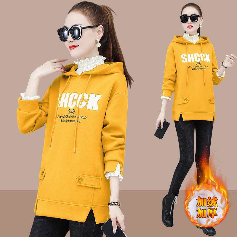 欧洲站假两件卫衣女加绒加厚2025年新款秋冬连帽宽松中长款外套潮