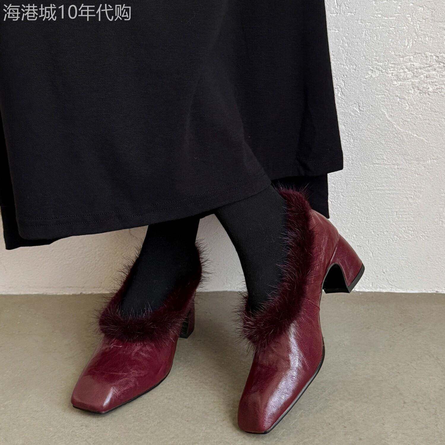 豪宅贵姐！复古气质本命年红色浅口一脚蹬单鞋水貂毛方头粗跟女鞋