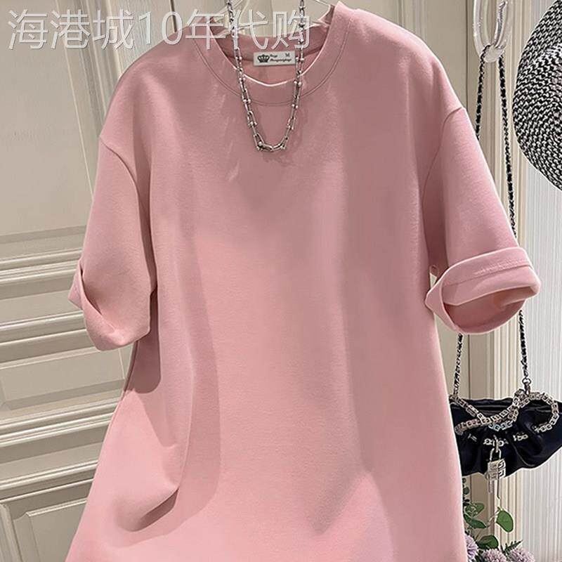 潮牌春夏季新款美式休闲欧货大版宽松粉色短袖t恤女中长款遮屁股