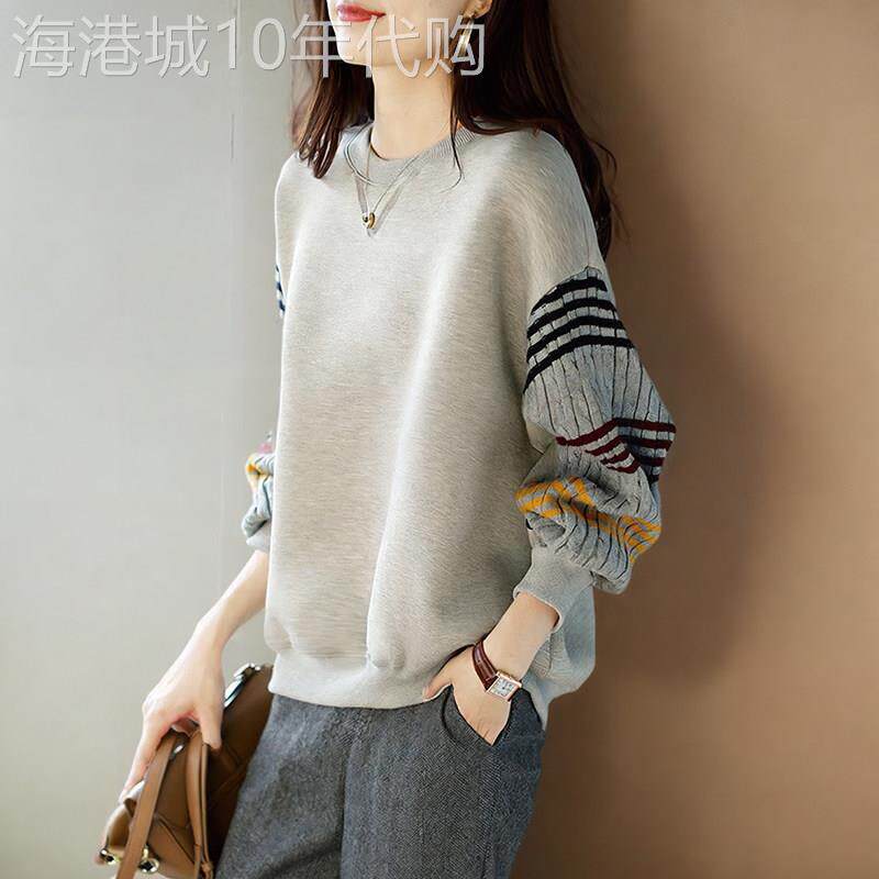 纯棉圆领卫衣女外穿2025春季新款拼接宽松慵懒风大码灰色减龄上衣