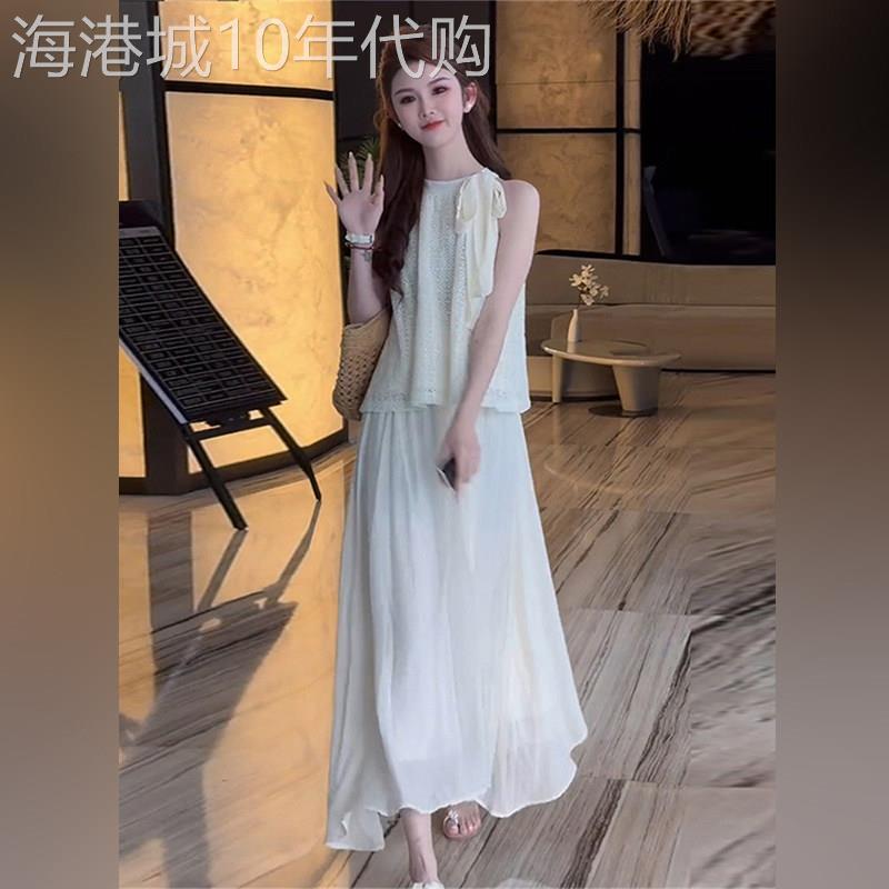 潮牌韩版镂空蕾丝挂脖背心宽松绑带上衣压褶半身裙两件套2026夏季