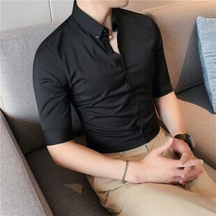 薄款 男短袖 衬衣商务免烫寸衫 潮牌黑衬衫 潮流五分中袖 韩版 夏季 修身