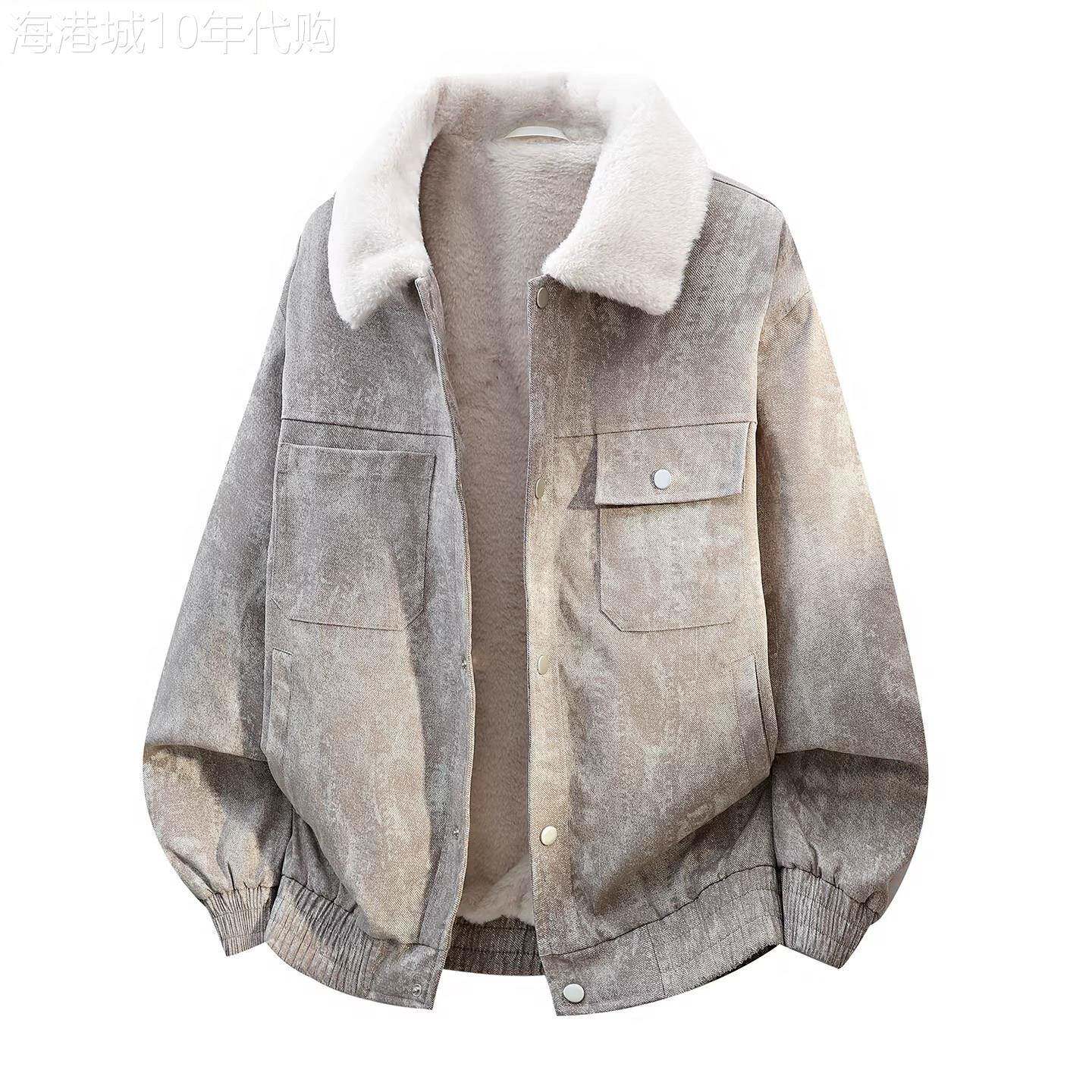 高端白色毛领加绒外套男士2026新款冬季潮牌复古加厚机车夹克男款