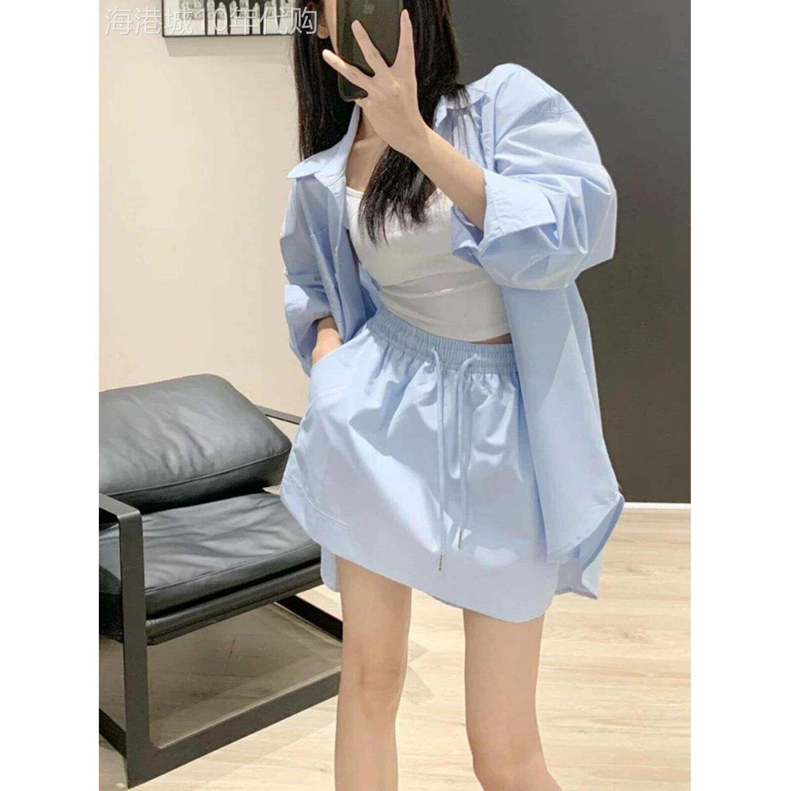 蓝色翻领宽松长袖防晒衬衫女春夏欧货松紧高腰抽绳短裙运动两件套