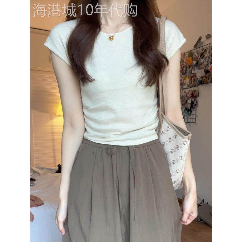 白色正肩短袖T恤女士2025夏季新款辣妹修身短款薄款冰丝针织上衣