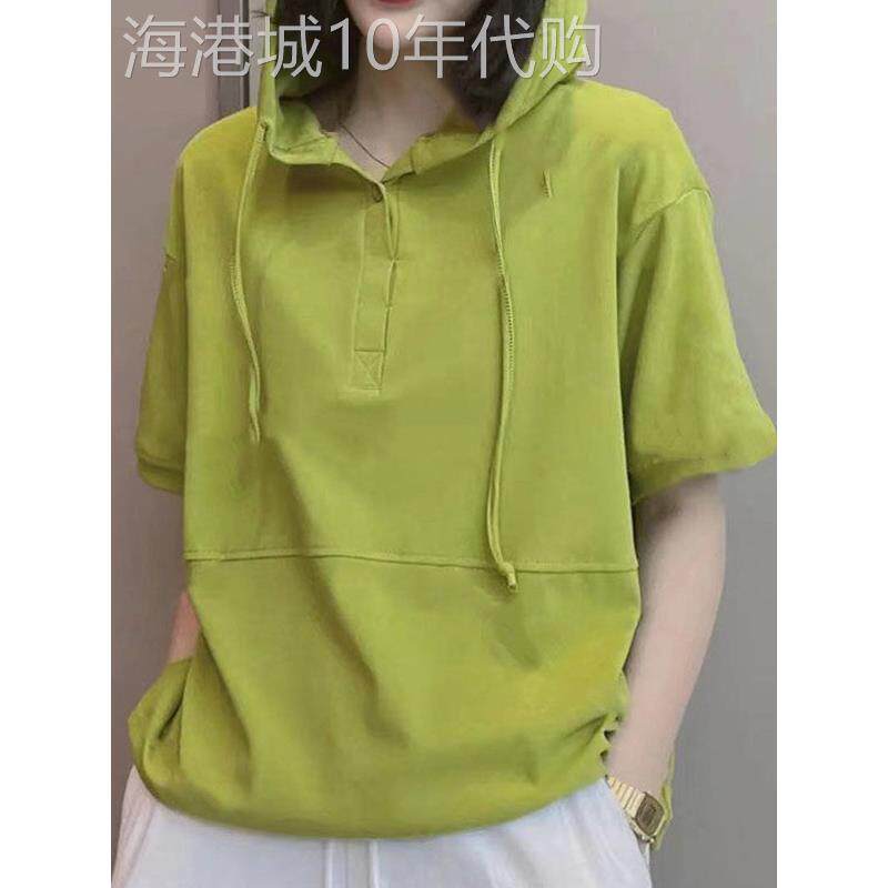 纯棉连帽时尚短袖T恤女夏季新款欧货宽松显瘦减龄大码休闲上衣潮