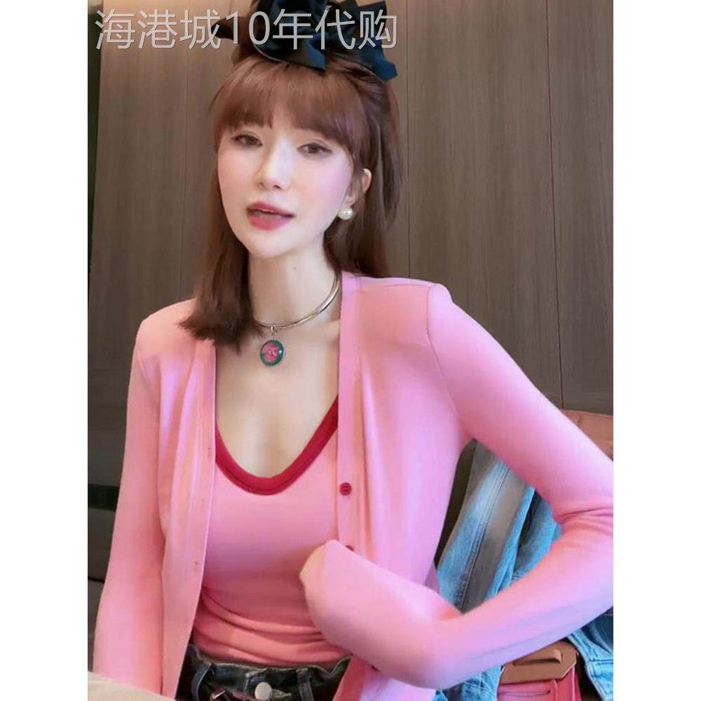 粉色开衫吊带两件套女春秋美式独特别致纯欲风修身显瘦甜辣短上衣