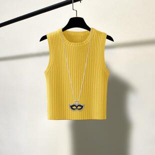 潮牌高腰针织背心女短款2024年夏季内搭紧身打底衫无袖上衣小马甲