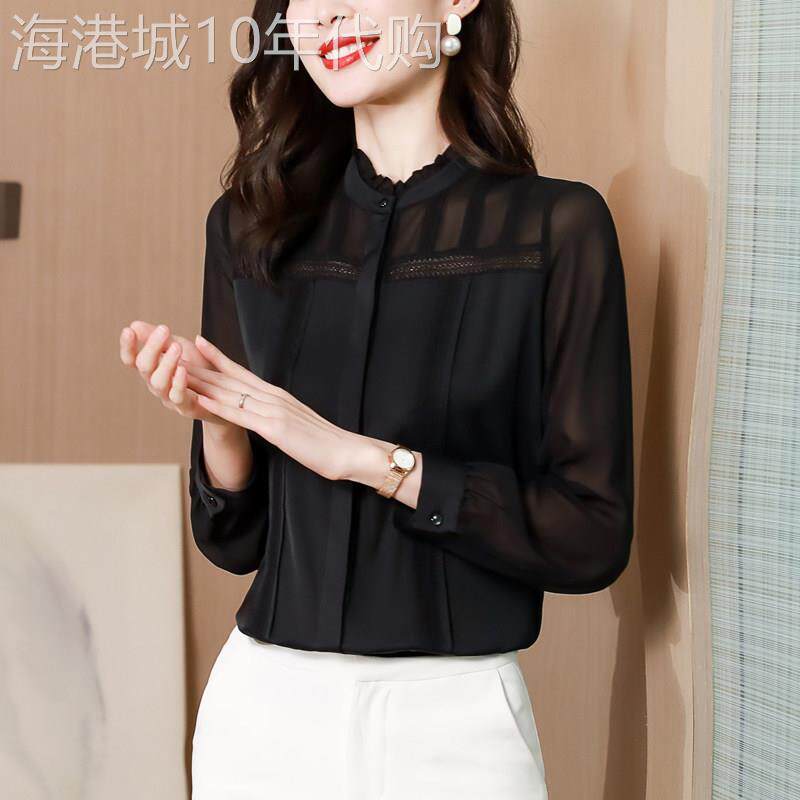 长袖雪纺衬衫女2025新款设计感蕾丝网纱拼接薄款显瘦黑色缎面上衣