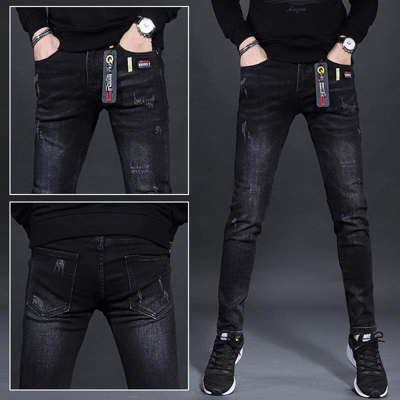 黑色牛仔裤男款秋季进口欧货弹力修身时尚小脚休闲高端加绒长裤子