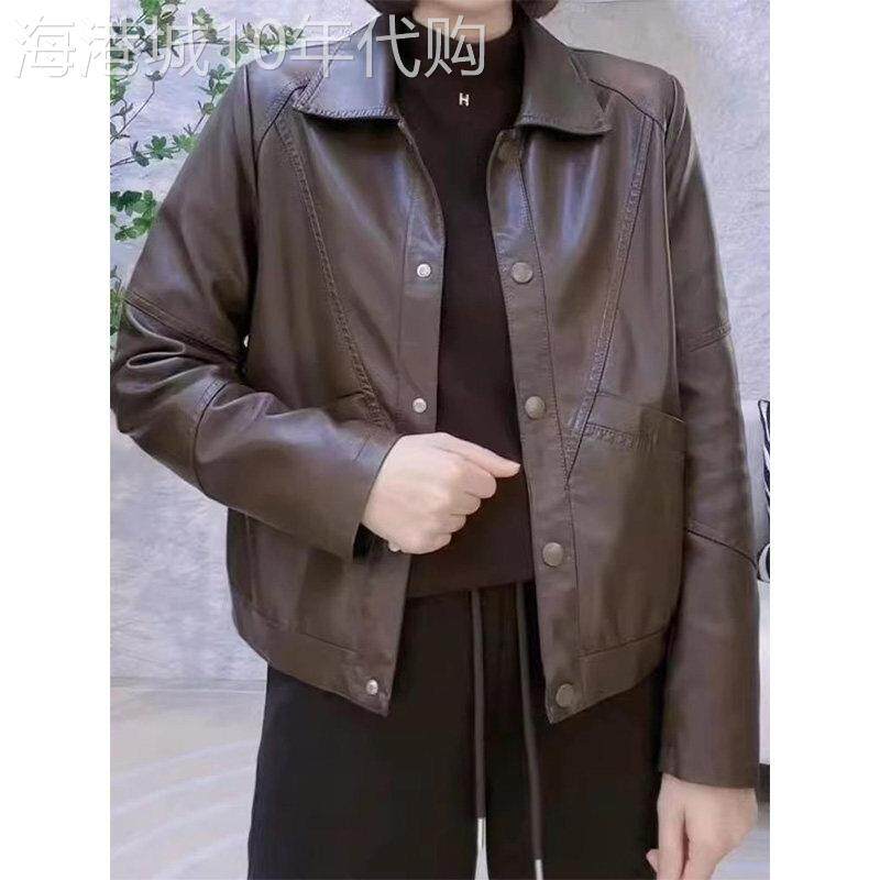 深咖色翻领长袖短款皮衣外套女秋冬欧货显瘦单排扣软皮夹克上衣