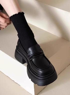 香港MK&DK.SW牛皮厚底小皮鞋女覆古英伦黑色休闲松糕鞋真皮乐福鞋