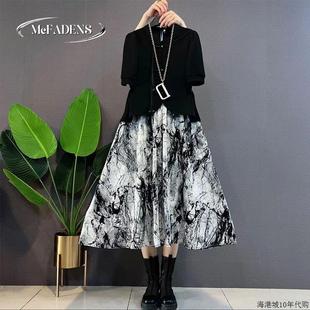 盘扣上衣水墨半身裙子微胖MM大码 新款 香港新中式 夏季 时尚 显瘦套装