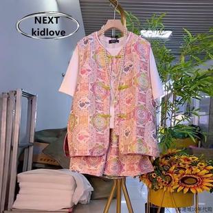 胖妹妹夏款 香港大碼 女裝 立領(lǐng)盤扣國風(fēng)花朵馬甲短褲 氣質(zhì)顯瘦兩件套