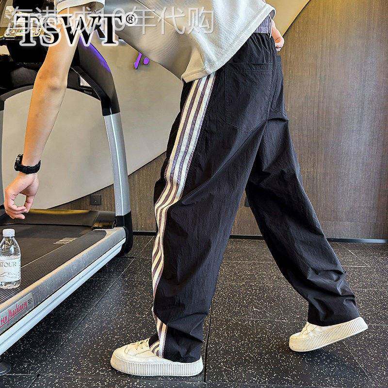 高端黑色条纹休闲裤男士夏季薄款2026新款潮流宽松阔腿直筒运动裤