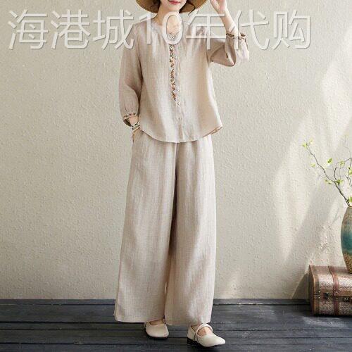 潮牌大码女士夏季新中式棉麻套装洋气国风刺绣上衣时尚休闲两件套