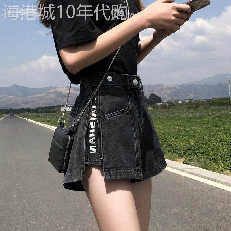 阔腿黑色牛仔短裤女夏季欧货爆款高腰宽松设计感显瘦a字热裤子潮