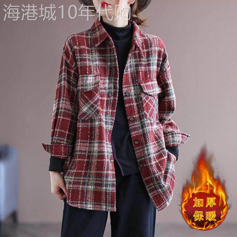 毛呢简约格子衬衫外套女士夏季2025新款衬衣覆古宽松保暖长袖上衣