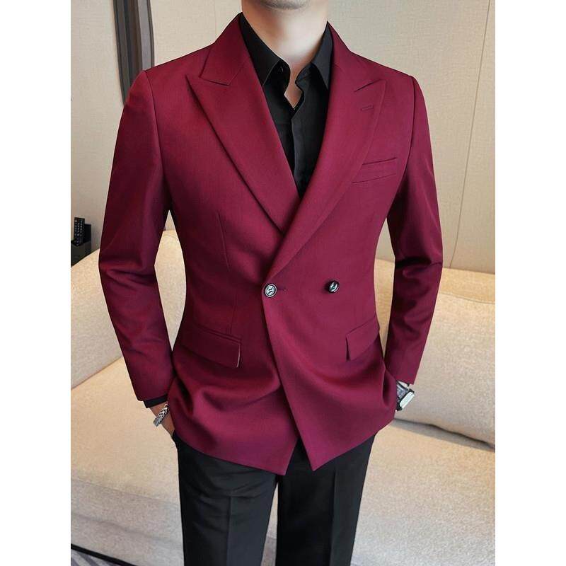 高端轻奢双排扣西装男士春秋纯色修身西服外套高级感主持人礼服潮