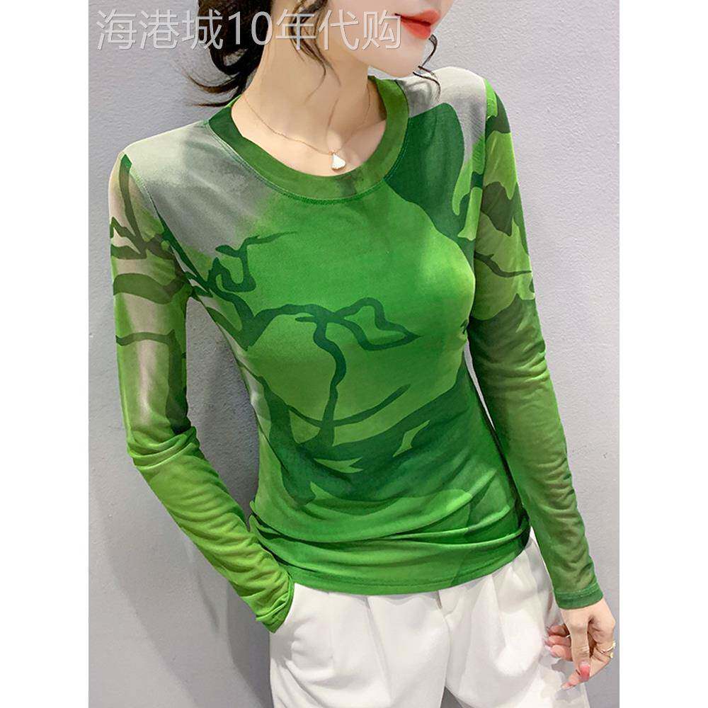 网纱打底衫女春秋季新款欧货印花长袖t恤上衣透气轻薄圆领皮肤衣