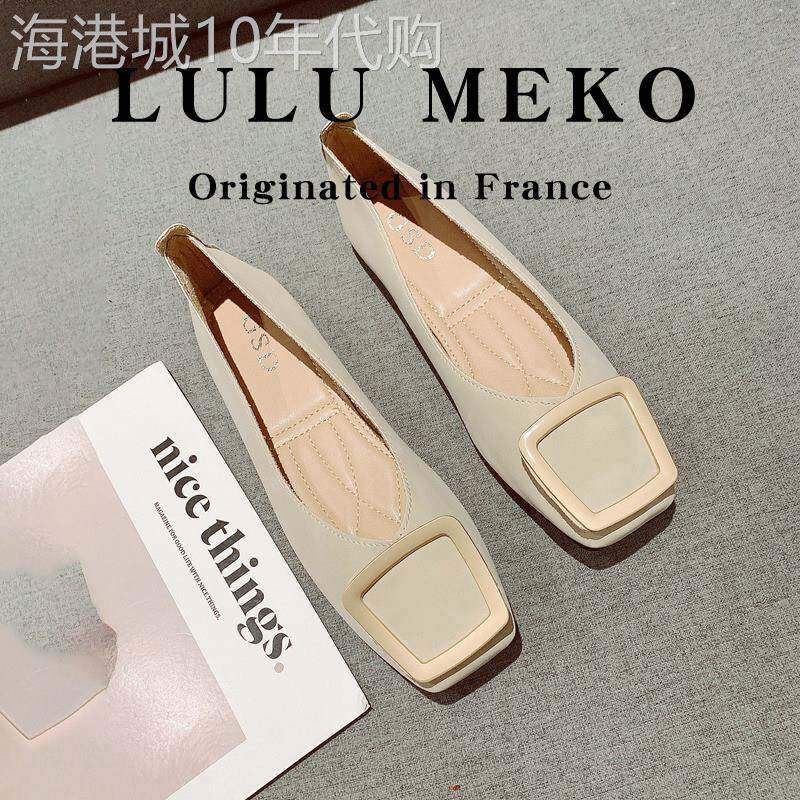 LULU MEKO~复古方头软底豆豆鞋女新款百搭金属方扣杏色平底单鞋潮