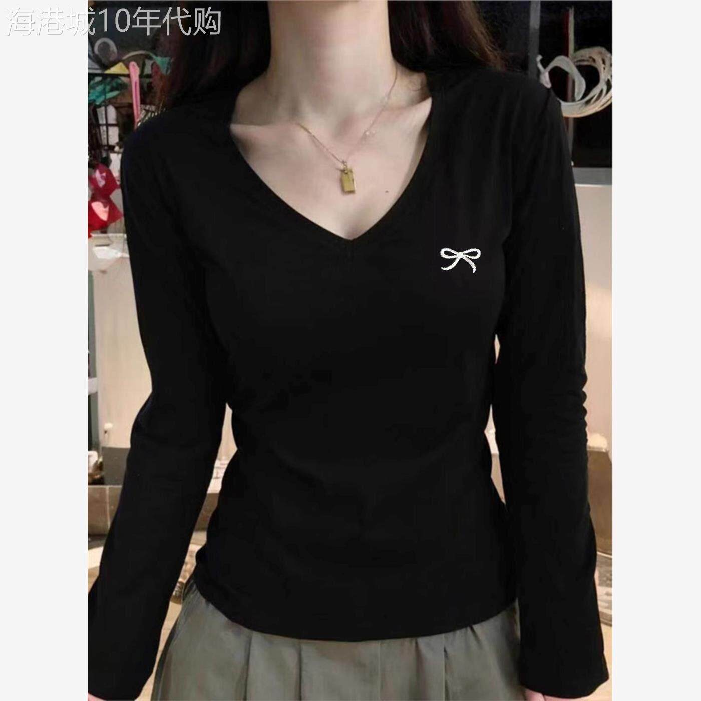 韩国V领黑色长袖纯棉上衣女春秋季新款紧身辣妹T恤修身内搭打底衫
