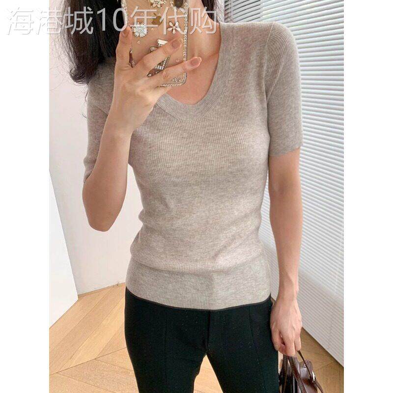 花灰色U领针织短袖T恤女装2025夏季新款薄款紧身显瘦半袖T恤上衣