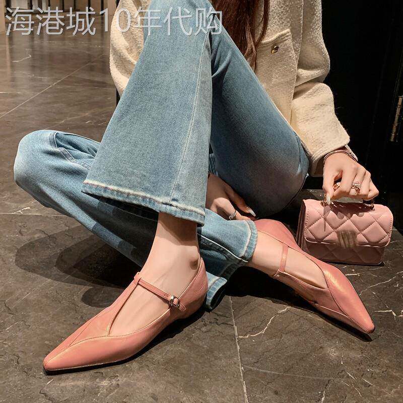 嘎嘎粉嫩~法式淑女风真皮丁字鞋时尚通勤尖头内增高玛丽珍单鞋女