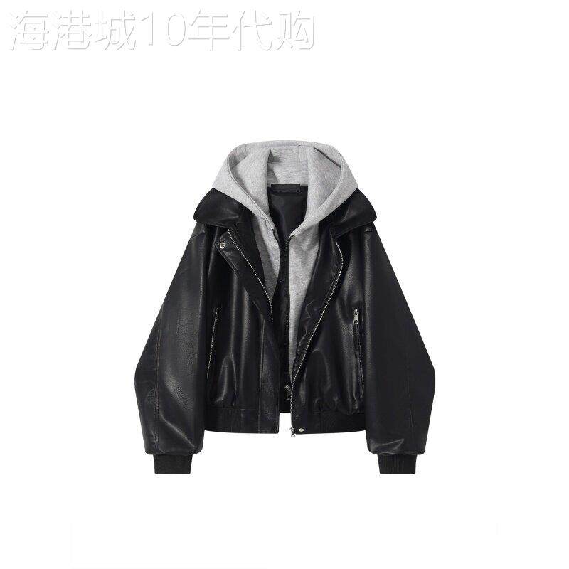 假两件连帽皮衣外套女秋冬2026新款复古高级感宽松机车夹克上衣女