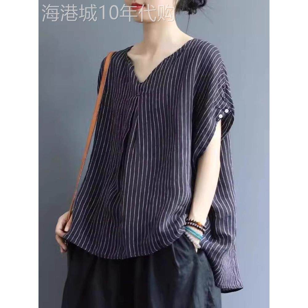 休闲条纹短袖t恤为妇女夏季新宽松大尺寸苗条和多才多艺的妇女V领