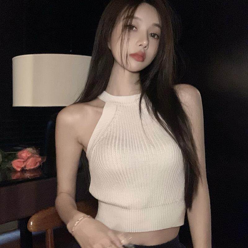 香港夏季白色纯欲挂脖针织吊带背心女外穿短款内搭打底美背上衣潮