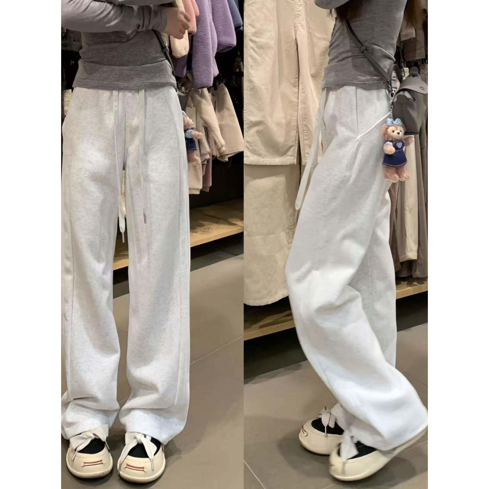 韩国灰色运动裤女春秋2025高腰直筒阔腿卫裤休闲慵懒窄版lulu裤子