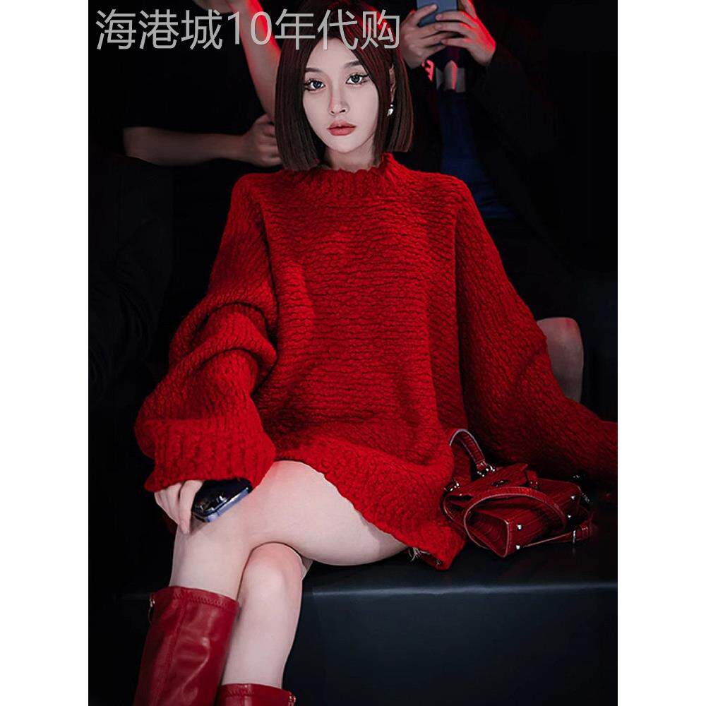 时尚品牌慵懒风格套头衫宽松红色针织女式秋冬2025新热款式高端中