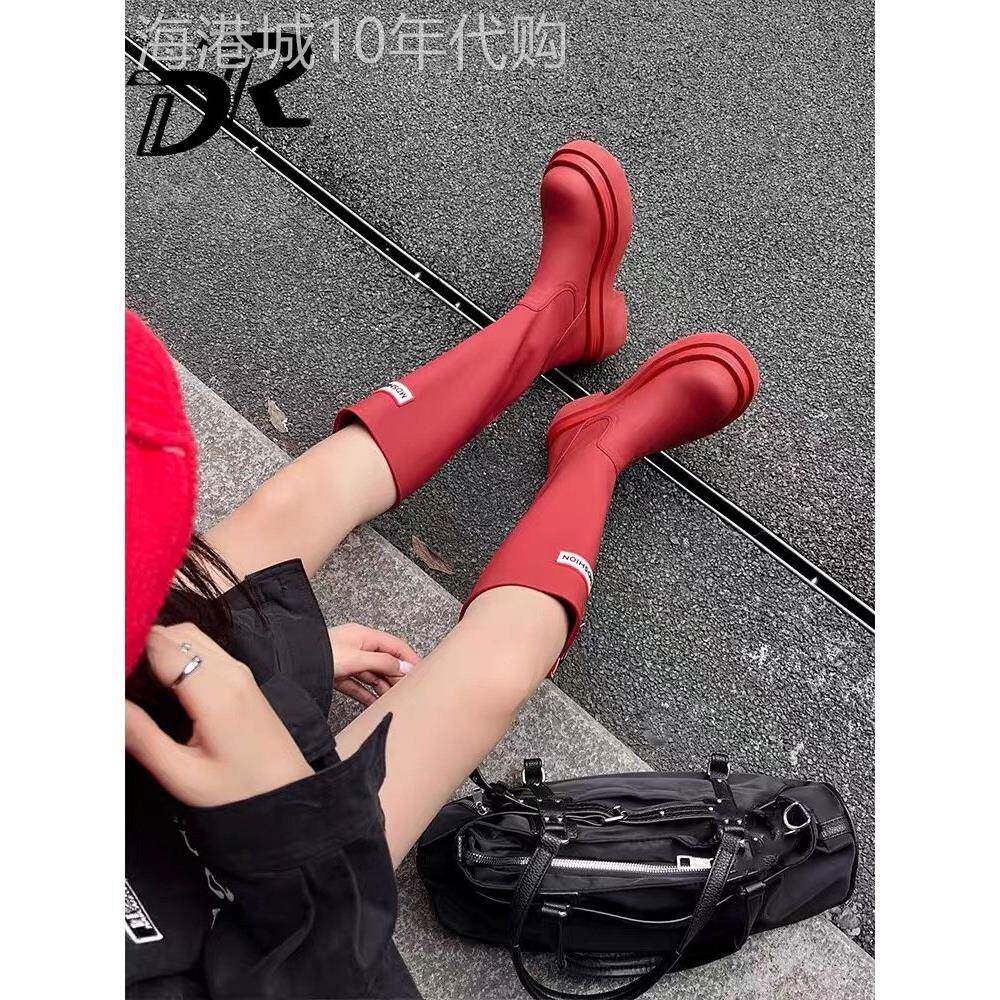 DR羊皮版户外红色雨靴女2025新款防水圆头厚底内增高骑士靴长筒靴