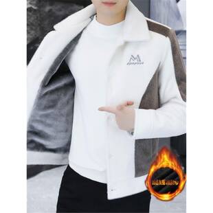 高端品牌水貂绒夹克外套男翻领加绒加厚韩版潮流休闲时尚毛呢上衣