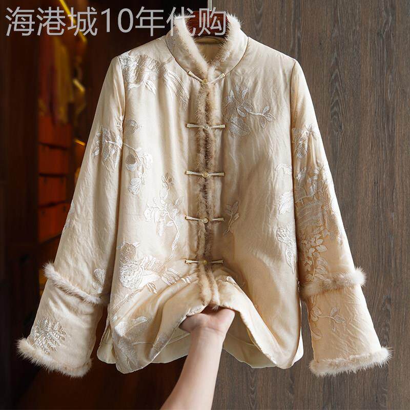 杏色高级感真丝欧根纱棉衣棉服女冬季水貂毛桑蚕丝新中式夹棉外套