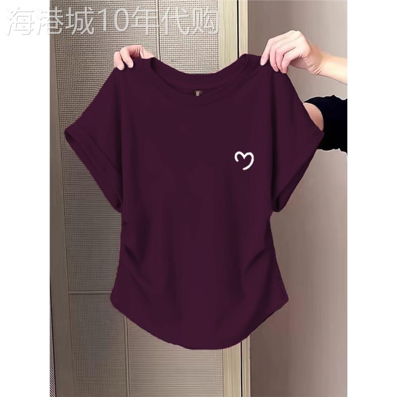2026新款小飞袖紫色正肩短袖t恤女收腰修身显瘦乌梅紫色上衣夏季